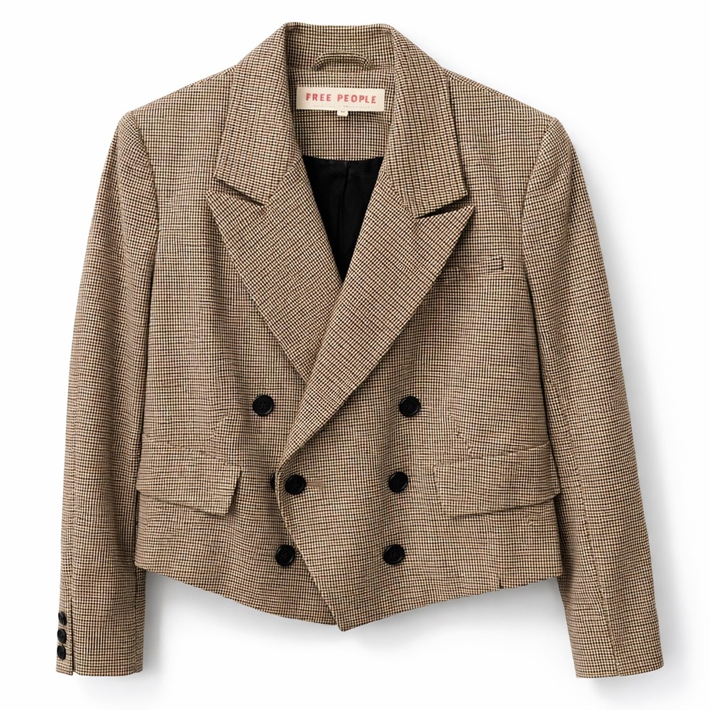 Free People Cropped Houndstooth Double-Breasted Blazer XS